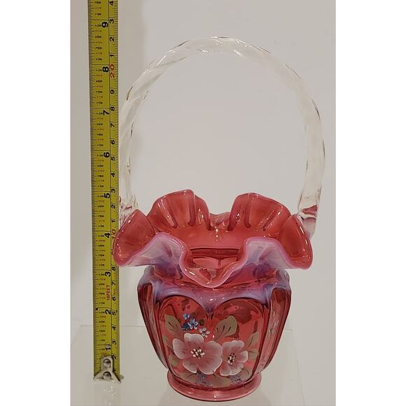 Fenton Art Glass Cranberry Opalescent Open Heart Arches BILL & GEORGE Basket - Picture 9 of 11